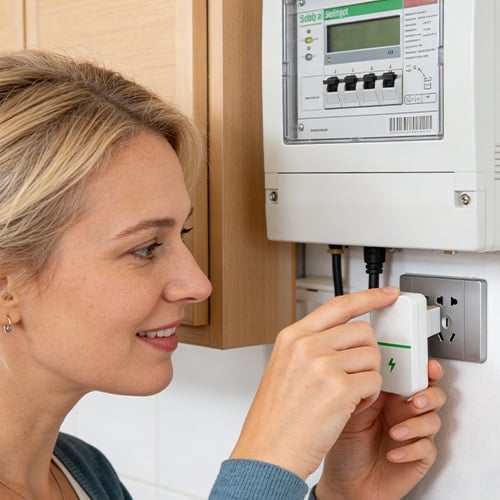 StopWatt plugged in near a household electricity meter